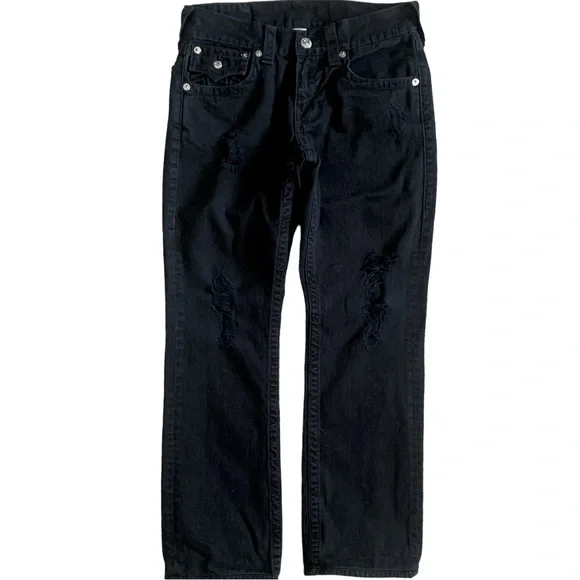 True Religion Straight With Flap All Black With Rips Jeans Size 30 - Picture 1 of 10